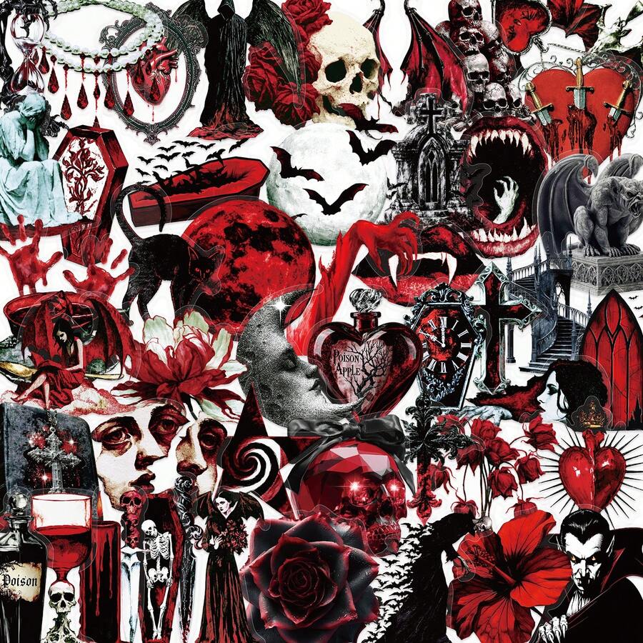 50Pcs Clear Dark Vampire Halloween Stickers, Gothic Red‑Tone Spooky Decals For Gift Wrapping Journal Water Bottle Craft Deco - 50pcs/set - View 1