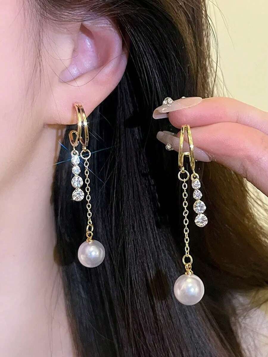 1 Pasang Anting-Anting Mewah Elegan Bertema Zirkonia dengan Rumbai Panjang dan Mutiara Unik - MultiWarna - View 1