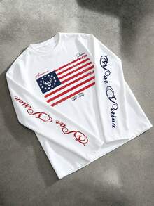 Men's Vintage Graphic Print Long Sleeve T-Shirt, Dual-Sided Script Design Retro Casual Comfortable Top, Regular Crew Neck Fit, Breathable Knit Top - White - View 1