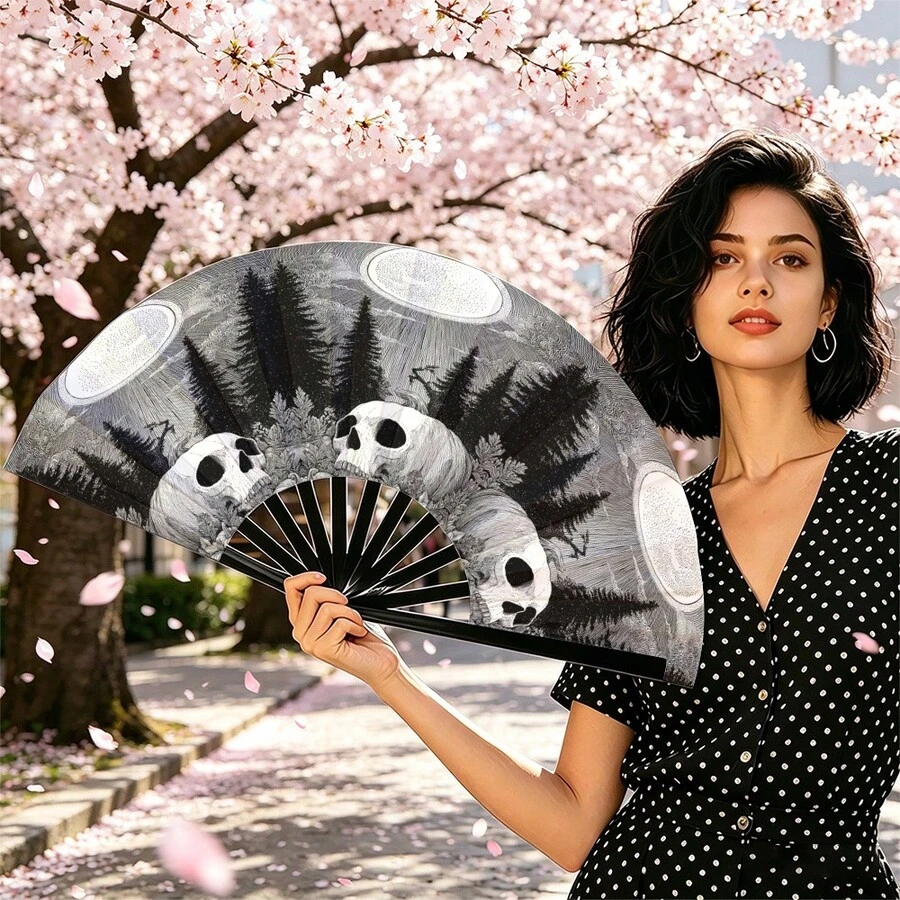 Dark Print Moonlit Forest Skeleton Folding Fan Black & White Pine Forest Full Moon Pattern Personalized Party Decoration Folding Fan - Multicolor - View 1
