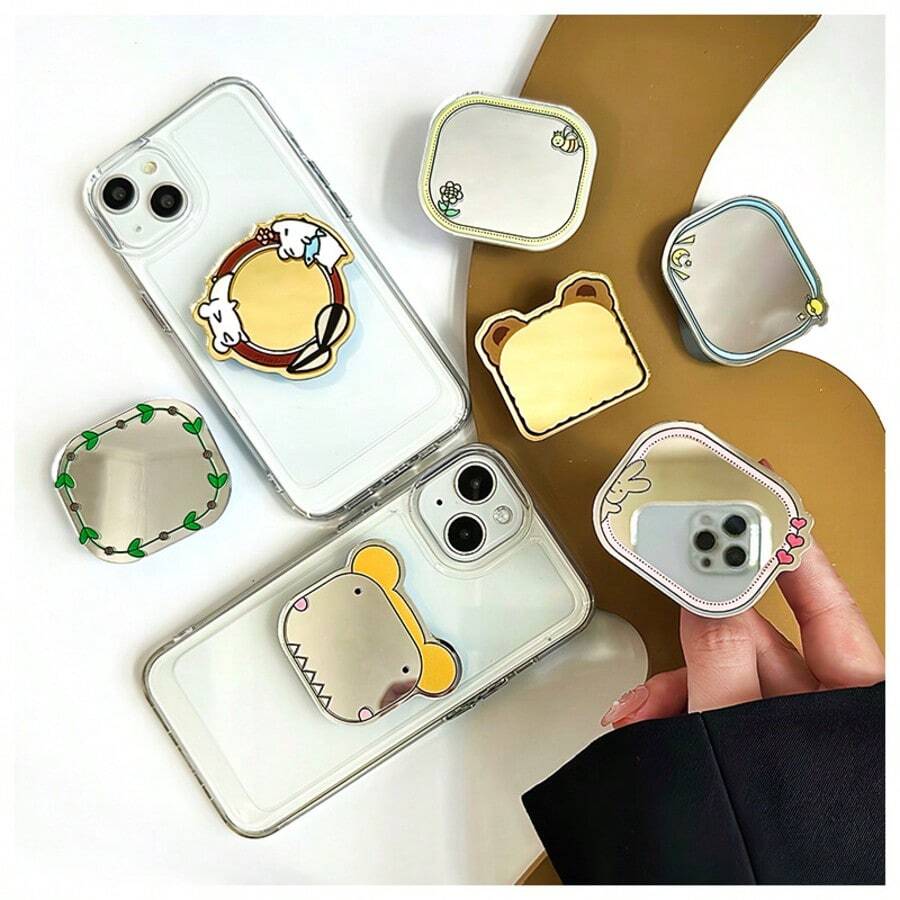 Cute Cartoon Phone Grip Holder Built-In Mirror Foldable Easy To Carry Phone Socket Stand For Women Girls Daily Makeup Decorative Phone Accessory Summer Holiday Gift - A - View 1