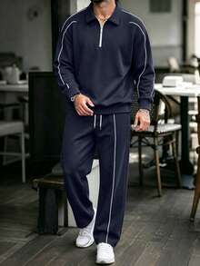 Kolrap Men's 2 Pieces Sports Set, Quarter Zip Collar Sweatshirt Paired With Drawstring Wide Leg Pants, Contrast Color Piping Raglan Sleeves, Casual Loose Fit, Suitable For Daily Wear - Navy Blue - View 2