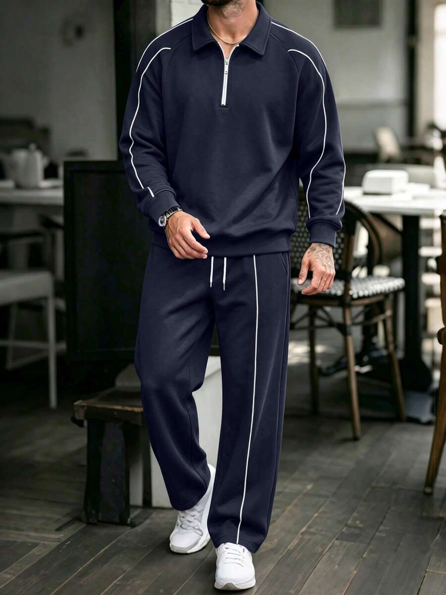 Kolrap Men's 2 Pieces Sports Set, Quarter Zip Collar Sweatshirt Paired With Drawstring Wide Leg Pants, Contrast Color Piping Raglan Sleeves, Casual Loose Fit, Suitable For Daily Wear