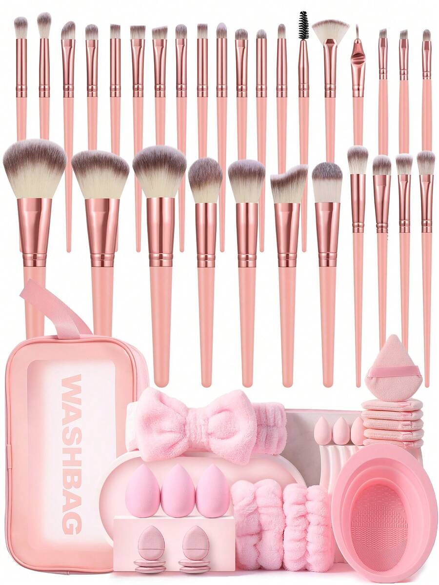 23/30/31/52/53Pcs Complete Cosmetic Tool Set,30Pcs Premium Soft Makeup Brushes For Eyeshadow,Foundation,Varied Size Makeup Sponges,Mixed Powder Puffs,Brush Washing Bowl,Fluffy Hair Bands,Portable Cosmetic Bag,Multi‑Functional Face MakeupCollection - Pink - View 1