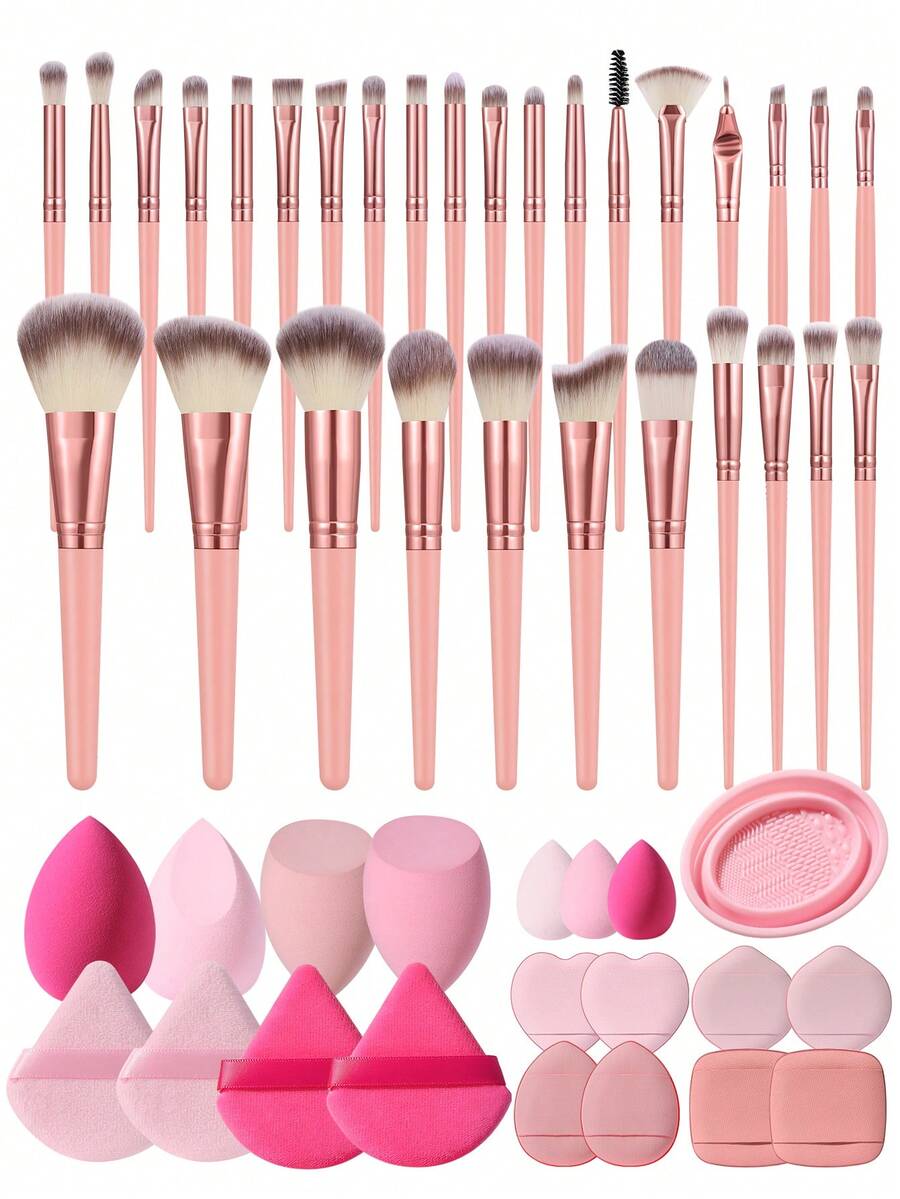 50Pcs Pink Makeup Tool Set Makeup Brushes Silicone Brush Cleaner Triangle Puff Finger Puff Makeup Sponge For Foundation Blush Contour Eyeshadow Blending Dry Wet Use - Pink - View 1