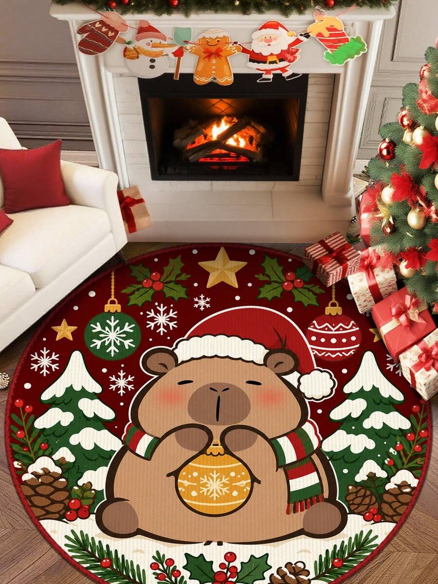 1pc Cute Capybara Christmas Rug, Crystal Velvet Round Decorative Carpet, Living Room Bedroom Rug, Soft Easy To Clean, Non-Slip, Multi-Purpose Room Decor Carpet, Christmas Decoration, Christmas Party, Winter Decor, Christmas Tree Rug, Machine Washable - Multicolor - View 1