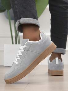 Men's Solid Color Lace-Up Low-Top Round Toe Minimalist Casual Sneakers For Daily Wear - Light Grey - View 4