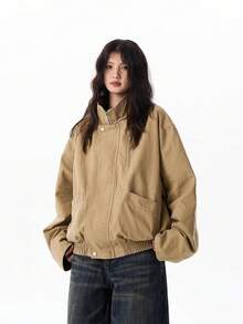 Unisex Loose Casual Minimalist Solid Color Jacket - Khaki - View 2
