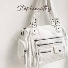 STEPHIECATHY 素色軟洗 PU 皮革拉鍊開合多功能口袋單肩斜跨包 女款中性復古休閒大學生日常旅行包 - 白色 - 查看 3