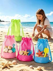 XD Tas Pantai Jaring Kapasitas Besar untuk Anak-Anak, Dapat Menyimpan Mainan Pantai, Ransel Serut Nilon Bernapas, Cocok untuk Anak-Anak di Kolam Renang dan Olahraga Luar Ruangan, Biru - MultiWarna - View 2