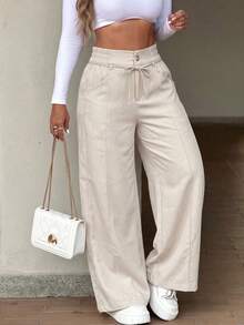 Women's Autumn Basic Drawstring Elastic Waist Wide Leg Pants, Suitable For Back To School, Church, Outings And Street Casual Bottoms - Apricot - View 7
