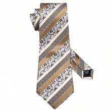 Silver Gray Brown Gold Diagonal Striped Floral Men's Tie 4pcs Set Business Formal Handkerchief Cufflinks Golden Tie Clip Wedding Matching - Camel - View 4