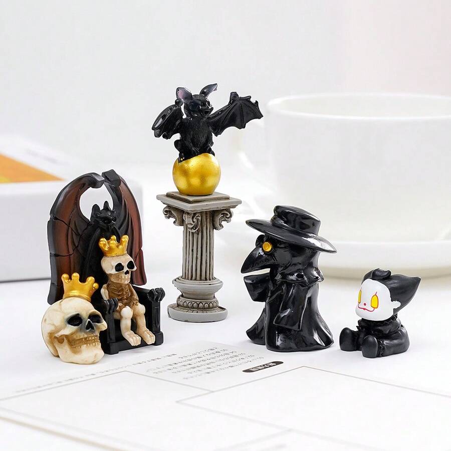 14pcs Halloween Family Set Mini Gothic Style Halloween Resin Figurines, Skull, Crow, Dragon, Bat, Tombstone Statues, Spooky Micro Landscape Decor, Suitable For Dollhouse, Garden, Desktop Decoration - Halloween - View 1