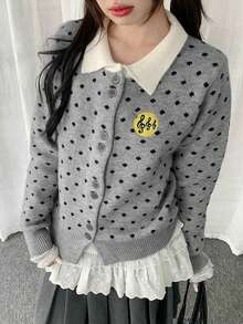 Women's Polka Dot & Musical Note Applique Embroidered Knit Cardigan, Early Autumn Lapel Button-Up Top - Grey - View 2