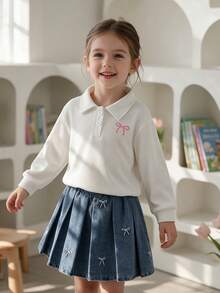 2pcs Girls Minimalist Preppy Style Bow Embroidery Polo Collar Long Sleeve Top & Matching Embroidered Pleated Skirt Set, Spring/Autumn - White - View 2