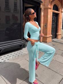 Women's V-Neck Long Sleeve Cropped Top With Drawstring High Waist Wide Leg Pants Set, Medium Stretch 2 Pieces Set - Baby Blue - View 3