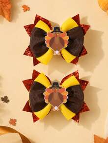 2pcs Thanksgiving Turkey Bow Hair Clips,Multicolor Glitter Ribbon Alligator Clips,Cute Autumn Hair Accessories Gift For Girl Kid Party Holiday Wear No Card - Multicolor - View 12
