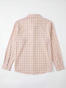 Women's Short Plaid Collar Shirt, Neutral Tone Plaid, Long Sleeve Button Front Top - White - View 4