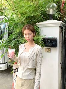 Floral Knit 2 Pieces Set, Black & Grey, Autumn/Winter, Short Knit Cardigan & Tank Top - Apricot - View 2