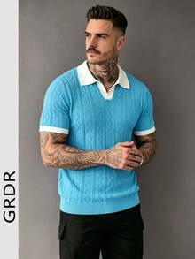 Kemeja Rajut Lengan Pendek Pria GRDR dengan Desain Trim Kontras - Kaos Kasual Modis - Mint Blue - View 4