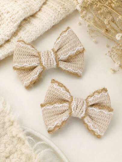 2pcs Beige Textured Bow Hair Clips For Girls, Woven Fabric Bow Alligator Clips, Fashionable Hair Accessories For Kids Suitable For Travel Party Gifts
