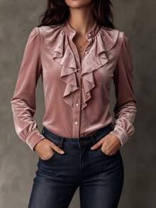 Plus Size Velvet Ruffle Collar Blouse Women Vintage Pearl Button Puff Long Sleeve Autumn/Winter Top - Pink - View 3