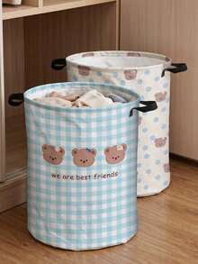 Cute Bear Print Foldable Laundry Basket, Large Capacity Round Fabric Dirty Clothes Storage Basket With Handle, Home Storage Basket, Laundry Bag, Suitable For Bedroom, Dorm, Bathroom, Home Essential, Perfect For Storage, Gift, Housewarming Gift - Multicolor - View 3