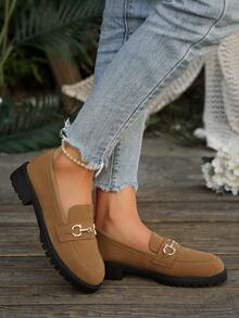 Preppy College Style Pure Metal Buckle Thick Sole Loafers Office Home Autumn Winter Shoes - Brown - View 8