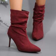 Sexy Pointed Toe Stiletto High Heel Ankle Boots For Women, Ruched Shaft, Suede Texture, Commute, Date, Fashion Ankle Boots - Red - View 6