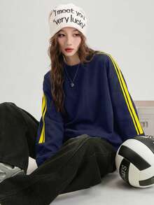 JUTU Autumn/Winter Women's Loose Crew Neck Long Sleeve Knit Sweatshirt With Side Stripes And Color Block, Sporty Casual Style For Campus, Daily Wear, Commuting And Travel - Royal Blue and Yellow - View 7