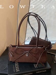 low tea 1pc Fashion Square Baguette Suede Fabric Shoulder Bag, Suitable For Commuting, Shopping And More - Coffee - View 11