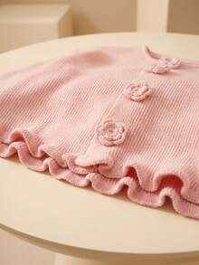 Women's Pink Round Neck 3D Floral Button Ruffle Knit Cardigan Sweater, Winter Christmas New Year Sweet Ruffle Sleeve Long Sleeve Top, Suitable For Autumn - Pink - View 10