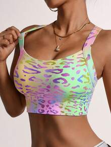 Dreamy Rainbow Leopard Print Crisscross Back Sports Bra Stable Support Suitable For Fitness And Streetwear Gradient Color Full Of Niche Design Sense - Multicolor - View 1