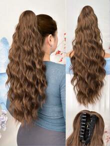 22 Inch Brown Natural Wave Curly Clip-In Ponytail Hair Extensions, Heat Resistant Fiber - Brown Highlight - View 1