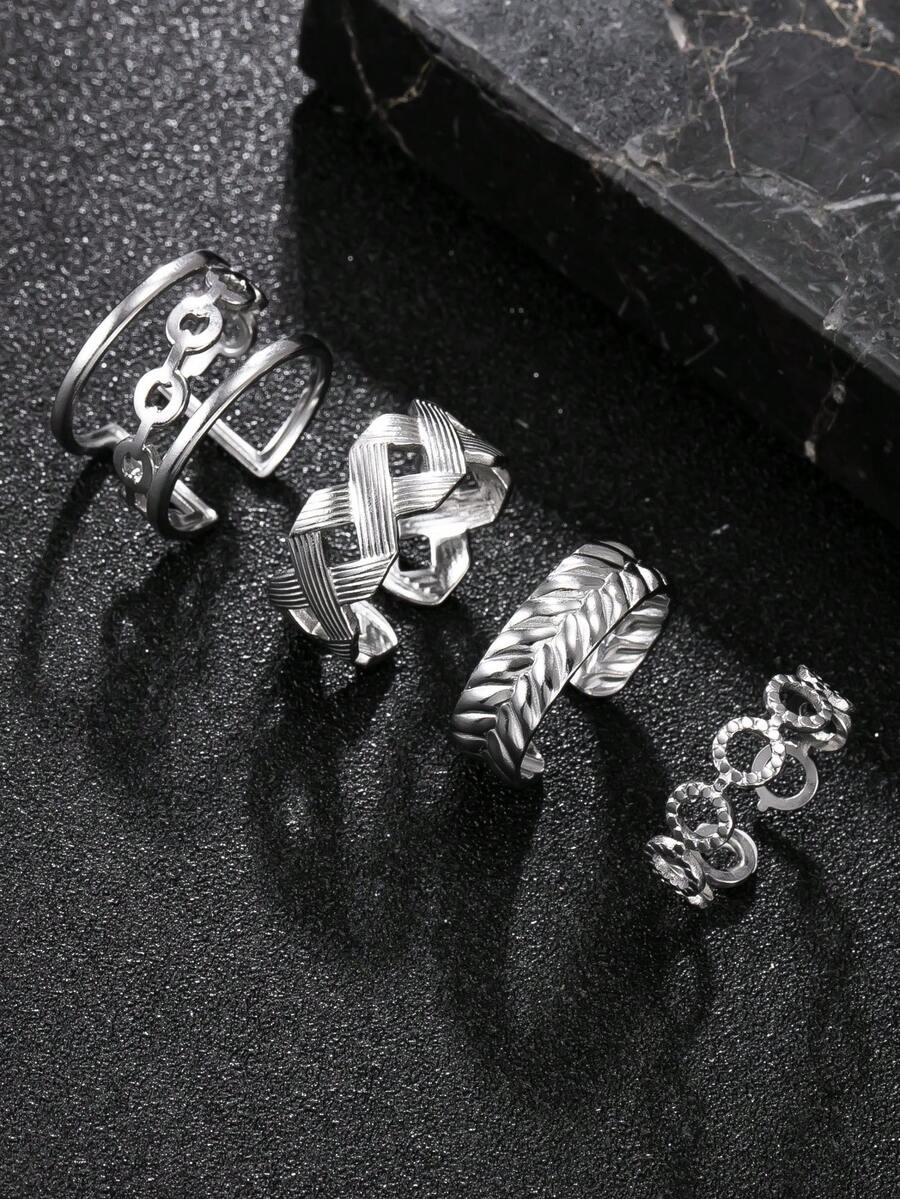 4pcs/Set Silver Stainless Steel Rings For Men, Geometric Pattern Jewelry, Sporty Style, Adjustable Open Ring, Fashion Gift For Boyfriend, Son, Halloween - Silver - View 1