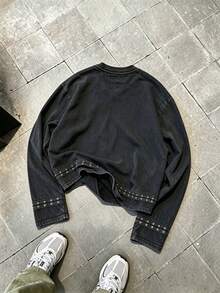 Men's New Washed Vintage Snow Wash Long Sleeve T-Shirt With Webbing And Eyelets - Black - View 2