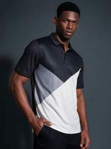 Camvyn Men's Summer Casual Fashion Digital Print Colorblock Patchwork Short Sleeve Polo Shirt - Black - View 1