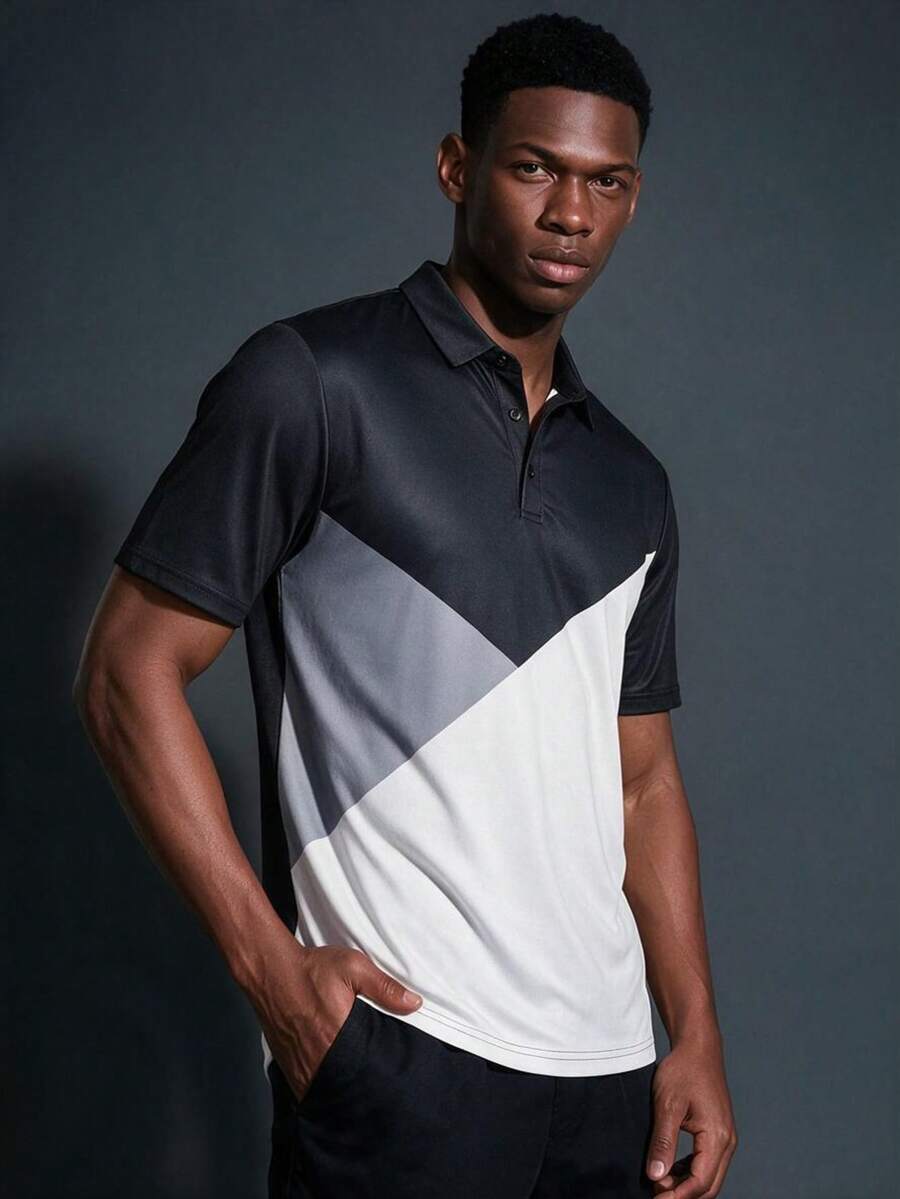 Camvyn Men's Summer Casual Fashion Digital Print Colorblock Patchwork Short Sleeve Polo Shirt - Black - View 1