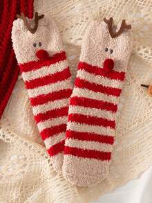 1 Pair Christmas Gift Cartoon Plush Socks, Coral Fleece Home Floor Air Conditioning Socks, Cute Warm Mid-Calf Sleep Socks - Multicolor - View 9