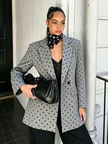 Women's Grey Base Black Polka‑Dot Boxy Blazer, Lapel Single‑Button Design, Wide‑Shoulder Loose Fit, Blazer With Flap Pockets - Grey - View 4
