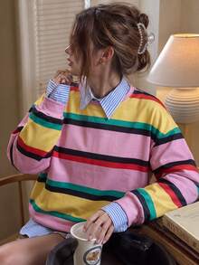 Women's Dopamine Rainbow Striped Knit Crew Neck Sweatshirt, Casual Loose Drop Shoulder Long Sleeve Top - Pink - View 3