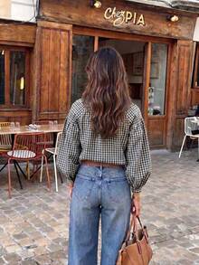 Women's Plaid Woven Cotton Long Sleeve Shirt, Stand Collar Design With Button Details, Perfect Choice For Autumn Outfit - Multicolor - View 7
