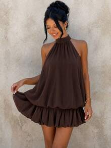 Mono Corto Elegante de Cuello Halter para Mujer, Color Negro Sólido Sin Mangas Estilo Casual Verano - Marrón - Ver 5