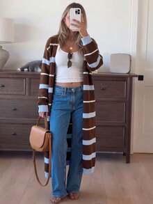 Women's Autumn/Winter Casual Y2K Outing Top Brown V-Neck Multi-Color Striped Long Knit Cardigan - Multicolor - View 3
