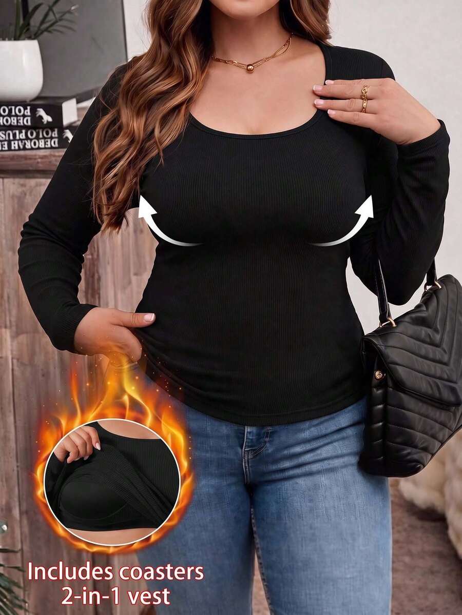 1 buah Atasan Dalaman Lengan Panjang Bahan Fleece Halus Ukuran Besar Musim Gugur/Dingin, Blus Rajut Bergaris 2-in-1 dengan Bantalan Cup Terintegrasi untuk Wanita - Hitam - View 1