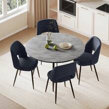 Modern White Marble Extendable Kitchen Table With Corduroy Upholstered Chairs For Dining Room, Kitchen - Grey Table + Dark Blue Chair - View 11