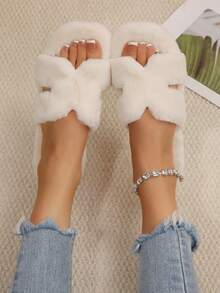 2026 New Cloud-Like Soft Style Autumn/Winter Plush H-Strap Slippers For Women, Open Toe Faux Rabbit Fur House Slippers, Soft Non-Slip Indoor/Outdoor Wearable Cotton Plush Slouchy Slippers - White - View 6