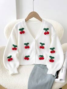 Girls' 3D Cherry Knit Cardigan, New Autumn/Winter V-Neck Long Sleeve White Sweater Cardigan - White - View 1