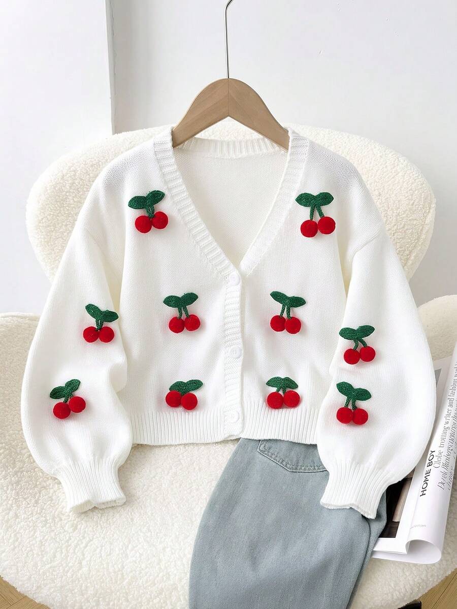 Girls' 3D Cherry Knit Cardigan, New Autumn/Winter V-Neck Long Sleeve White Sweater Cardigan - White - View 1