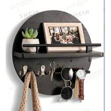 Wall Decor Key Holder With Shelf And Hooks, Mail Organizer Wall Mounted, Round Design Entryway Key Rack, Rustic Home Decor - 1 Pack - View 2